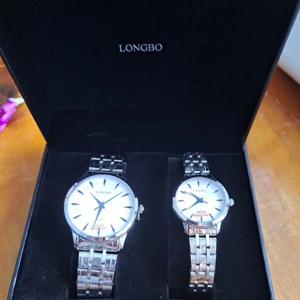 Longbo His Her White Dial Round Silver Tone Stainless Steel  Watch NEW